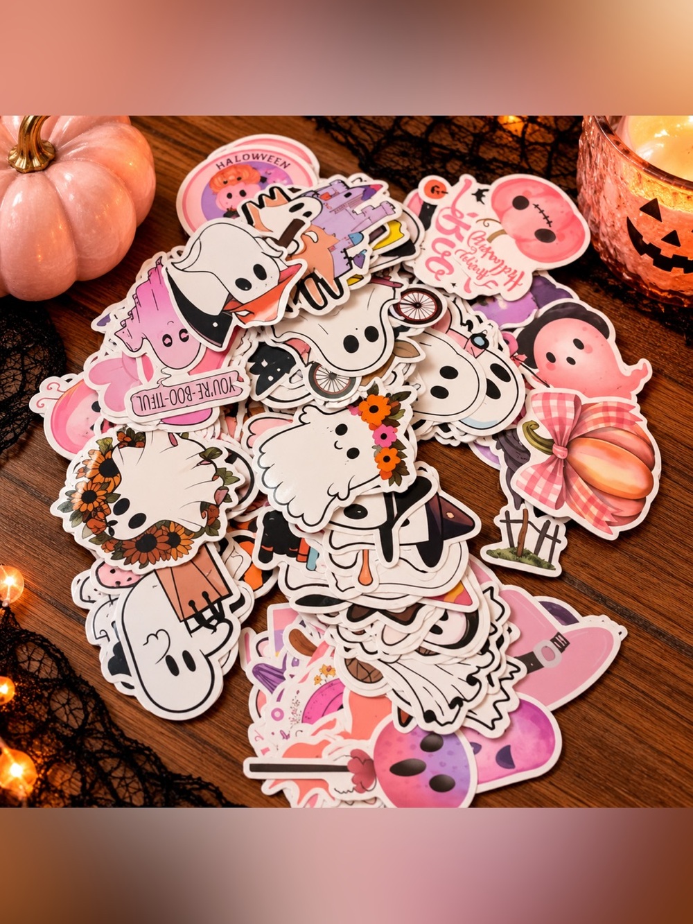 100pc Pink Halloween Vinyl Sticker Pack Cute Kawaii Ghost Pumpkin Spooky